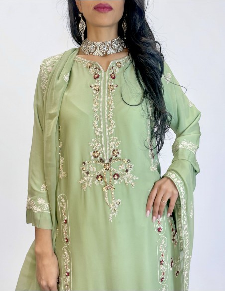 Tenue Pakistanaise Femme Luxe Brodée main– vert pastel  - 2