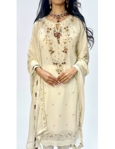 Tenue Pakistanaise Femme Luxe Brodée main– blanc casse/broderies bordeaux  - 1 2