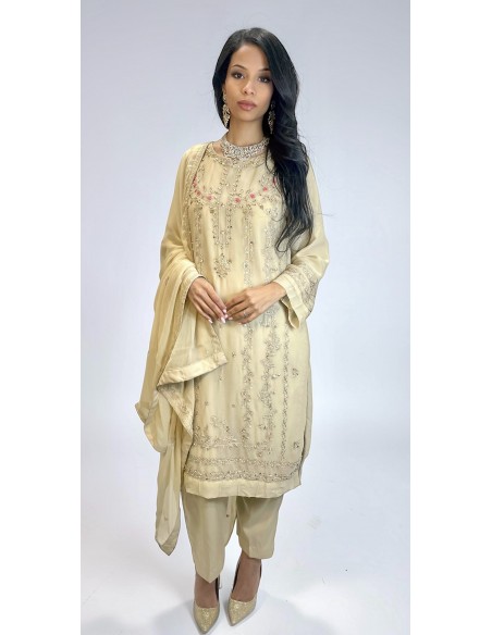 Tenue Pakistanaise Femme Luxe Brodée main–beige/broderies rose  - 3