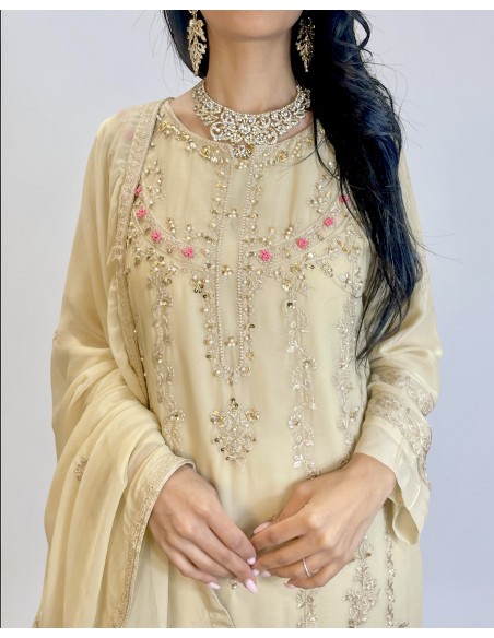 Tenue Pakistanaise Femme Luxe Brodée main–beige/broderies rose  - 2