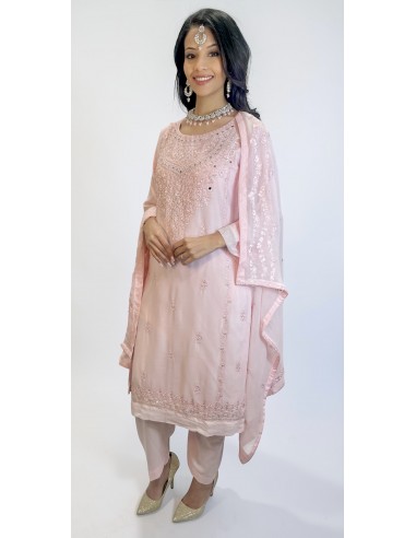 Tenue Pakistanaise Femme Luxe Brodée main-rose pastel  - 3