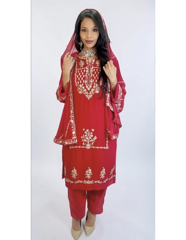 Tenue Pakistanaise Femme Luxe Brodée main-rouge  - 3