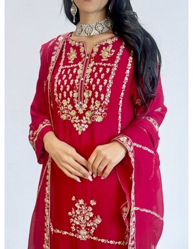 Tenue Pakistanaise Femme Luxe Brodée main-rouge  - 2