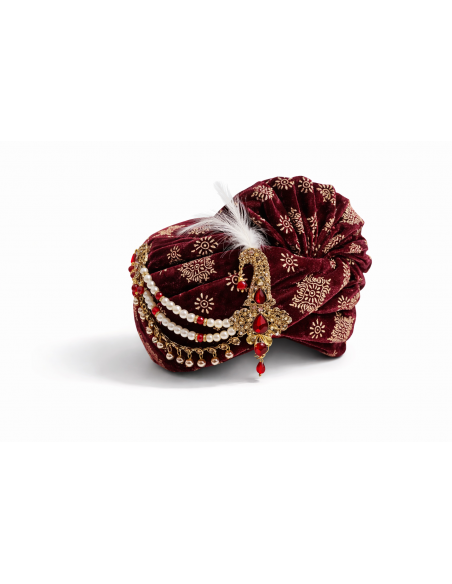 Chapeau traditionnel indien Pagdi Homme Luxe avec Étole – Turban Maharaja de Mariage Premium Bordeaux  - 2