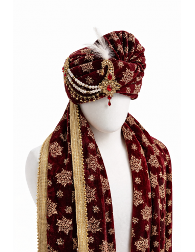 Chapeau traditionnel indien Pagdi Homme Luxe avec Étole – Turban Maharaja de Mariage Premium Bordeaux  - 1