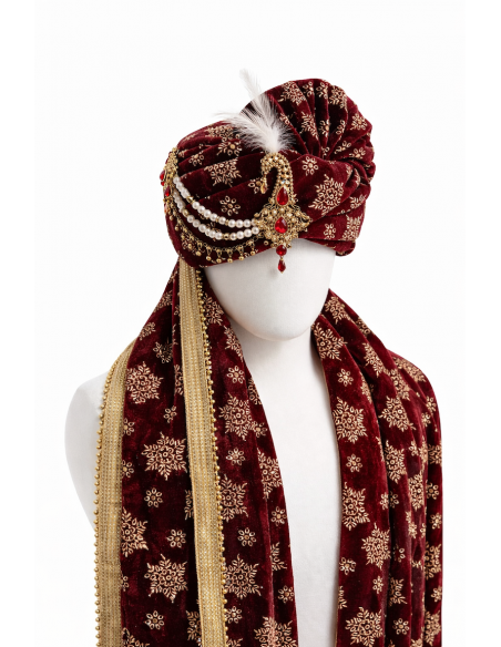 Chapeau traditionnel indien Pagdi Homme Luxe avec Étole – Turban Maharaja de Mariage Premium Bordeaux  - 1