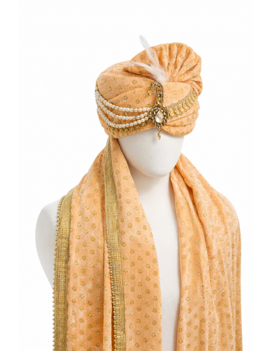 Chapeau traditionnel indien Pagdi Homme Luxe avec Étole – Turban Maharaja de Mariage Premium corail  - 1