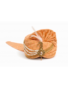 Chapeau traditionnel indien Pagdi Homme Luxe avec Étole – Turban Maharaja de Mariage Premium corail  - 1 2
