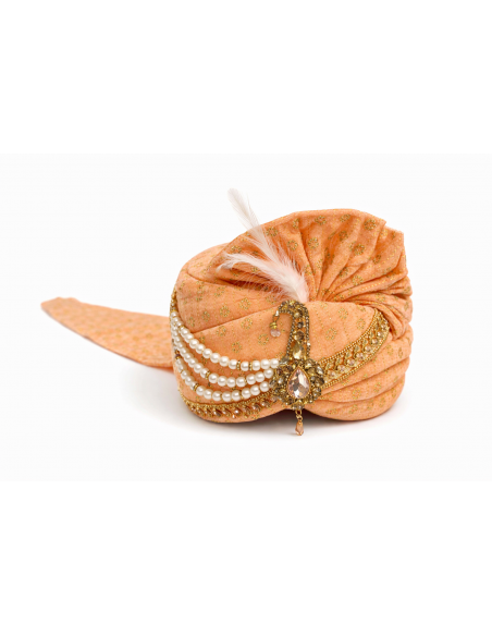 Chapeau traditionnel indien Pagdi Homme Luxe avec Étole – Turban Maharaja de Mariage Premium corail  - 2