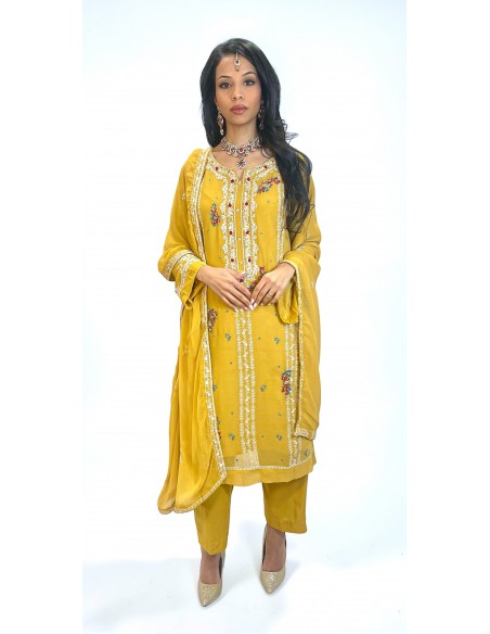 Tenue Pakistanaise Femme Luxe Brodée main– jaune  - 3
