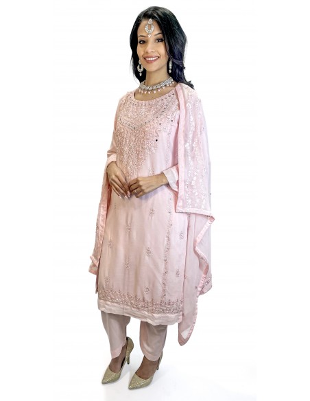 Tenue Pakistanaise Femme Luxe Brodée main-rose pastel  - 1