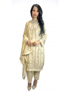 Tenue Pakistanaise Femme Luxe Brodée main–beige/broderies rose  - 1