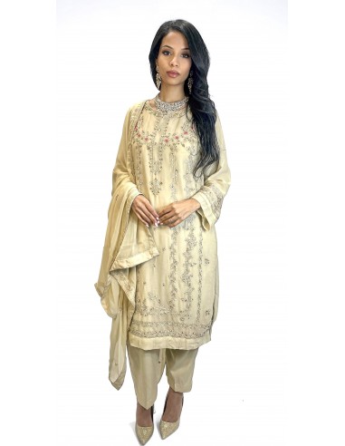 Tenue Pakistanaise Femme Luxe Brodée main–beige/broderies rose  - 1