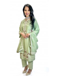 Tenue Pakistanaise Femme Luxe Brodée main– vert pastel  - 1
