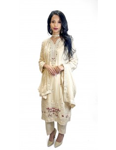 Tenue Pakistanaise Femme Luxe Brodée main– beige/broderies rouge  - 1