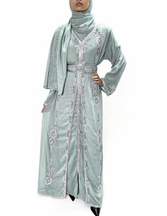 Caftan Dubai vert eau/perlé manches longues – Robe orientale élégan...