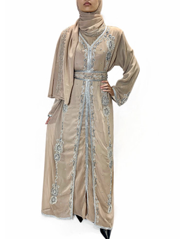 caftan Dubaï beige taupe Brodée Argent avec Ceinture Caftan Robe du...