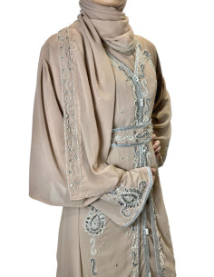 caftan Dubaï beige taupe Brodée Argent avec Ceinture Caftan Robe du... 2