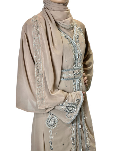 caftan Dubaï beige taupe Brodée Argent avec Ceinture Caftan Robe du...