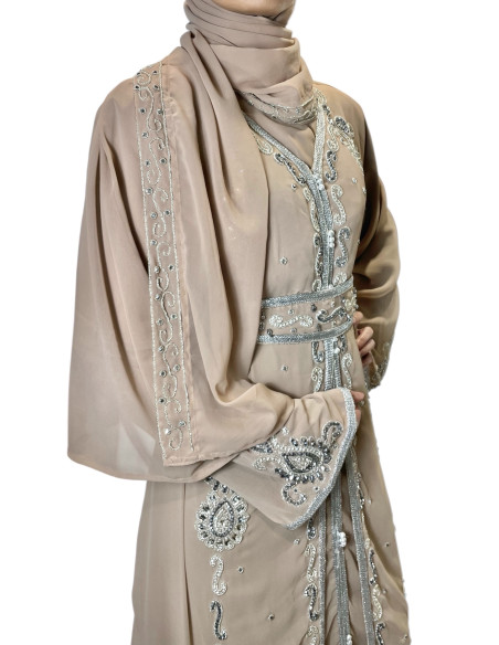 caftan Dubaï beige taupe Brodée Argent avec Ceinture Caftan Robe du...