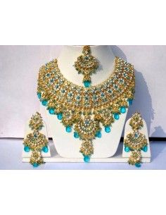 Parure Bijoux indienne Bollywood doré bleu turquoise  - 1