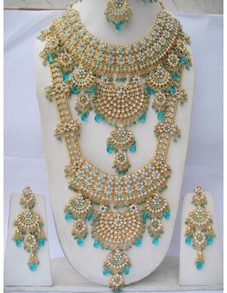 Parure Marié 8 pieces Bleu Turquoise & Doré  Bijoux indiens