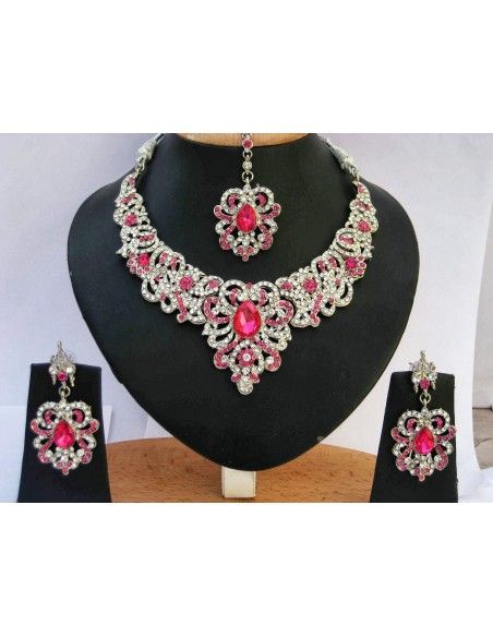 Parure Bijoux indiens Bollywood Argenté & Rose NV141  - 1