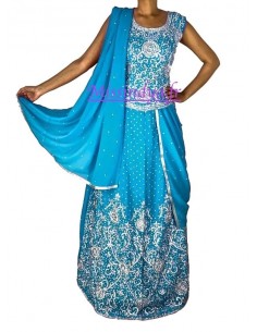 Lehenga Choli Cristal bleu turquoise et argenté  - 1 2