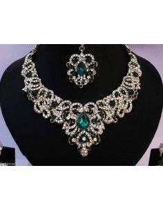 Parure Bijoux indiens Bollywood Vert & Argenté NV141  - 1 2