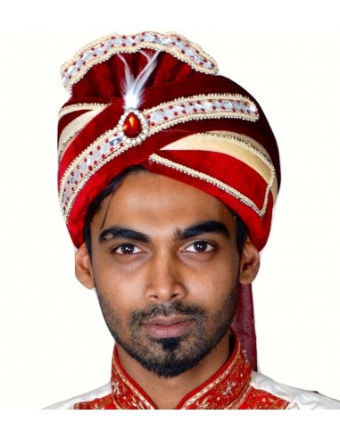 Chapeau traditionnel indien Pagdi Rouge et Blanc  - 1