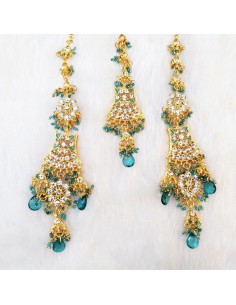 set bijoux indiens 3 pieces doré et bleu turquoise  - 1