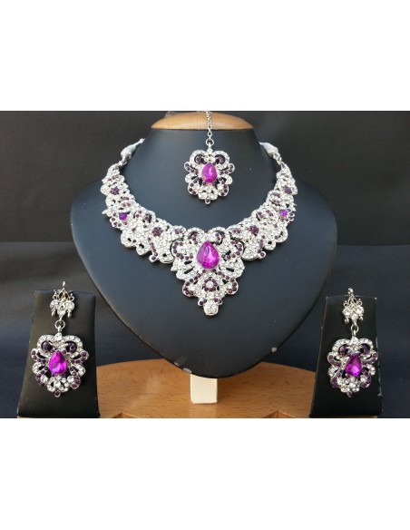 Parure Bijoux indienne Argenté Violet  - 1