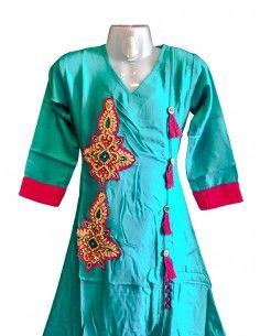 KURTI( TUNIQUE ENFANT) BLEU VERT ET STRASS DORÉ  - 1 2