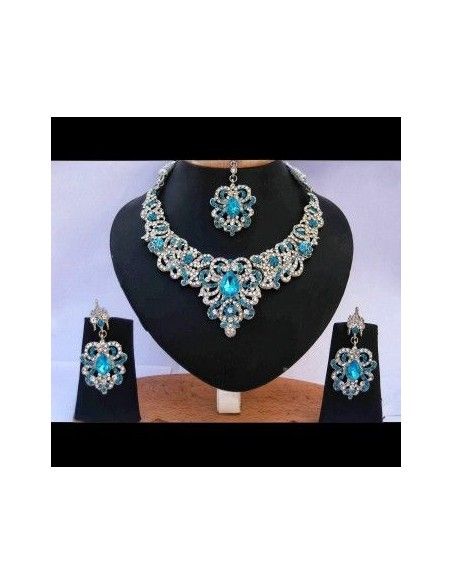 Parure Bijoux indiens Bollywood argenté bleu & turquoise NV141  - 1