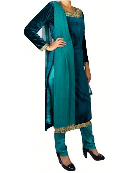 Salwar Kameez Velour Chic Bleu Vert  - 4