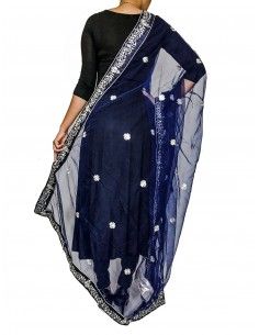 Dupatta chale etole foulard brodé Bleu marine et argenté  - 1 2