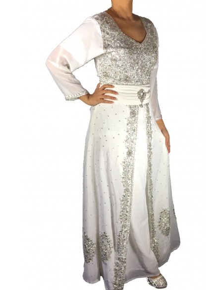 Robe indienne de Soirée dhamack style caftan blanc et argent  - 1
