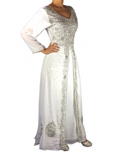 Robe indienne de Soirée dhamack style caftan blanc et argent  - 2