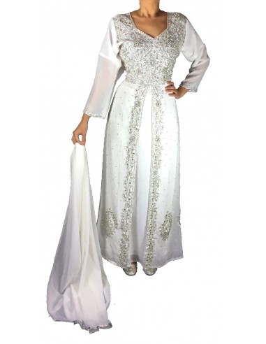 Robe indienne de Soirée dhamack style caftan blanc et argent  - 3