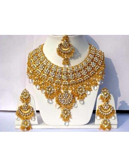 Parure Bijoux indiens Bollywood Doré Blanc  - 1