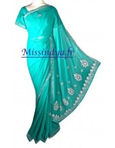 Sari indien perle bleu vert et argenté pavitra  - 1
