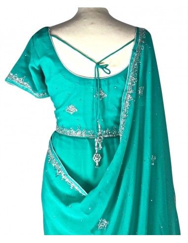 Sari indien perle bleu vert et argenté pavitra  - 2