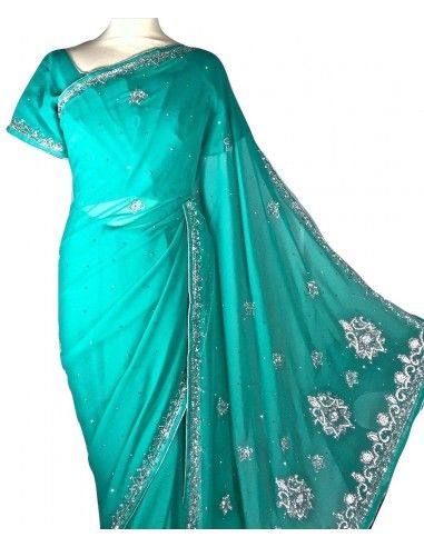 Sari indien perle bleu vert et argenté pavitra  - 3