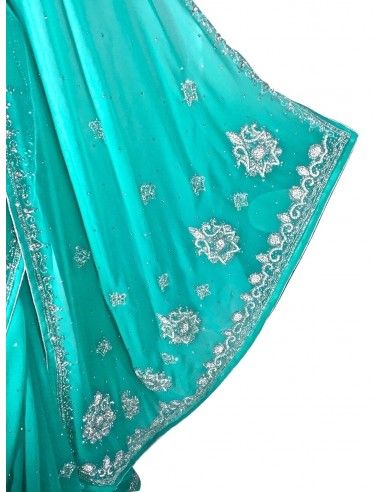 Sari indien perle bleu vert et argenté pavitra  - 4