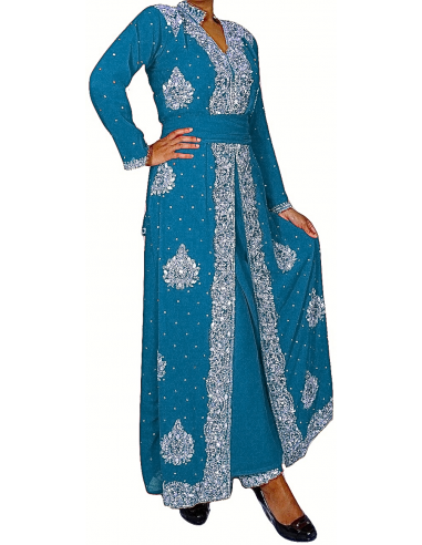 Robe indienne de soirée Bleu Argenté perlé AV18  - 1