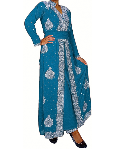 Robe indienne de soirée Bleu Argenté perlé AV18  - 1