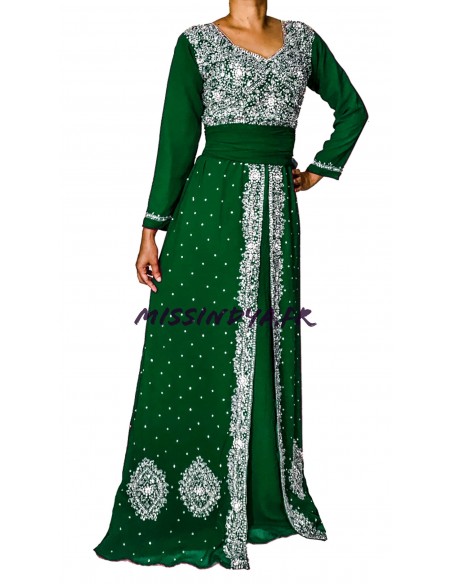 Robe indienne de Soirée Dhamak style caftan vert  - 1