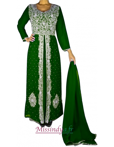 Robe indienne de Soirée Dhamak style caftan vert  - 3