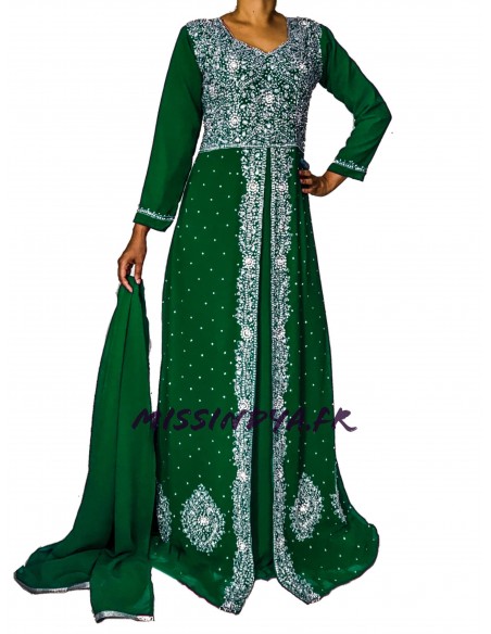 Robe indienne de Soirée Dhamak style caftan vert  - 5