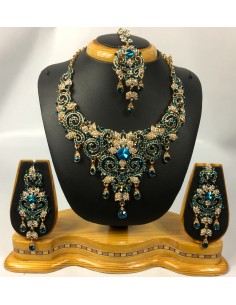 Parure bijoux indien Bleu turquoise doré JU18  - 1